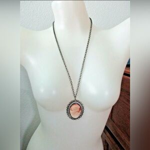 VTG Rare Amedeo NY - Large Cameo / CZ Pendant - 22" Black Chain Necklace - HTF